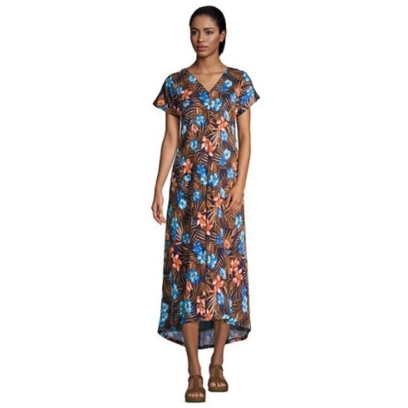 Lands End Dress Womens Size Medium Floral Hawaiian Tropical Hi Low Pockets - Picture 1 of 8